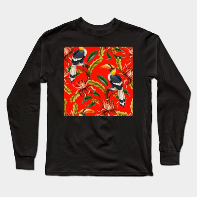 exotic bird red pattern Long Sleeve T-Shirt by Hand-drawn